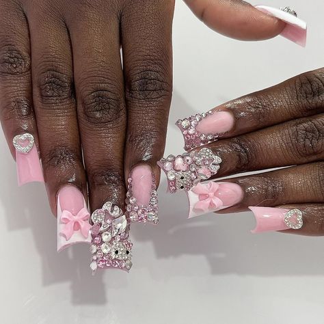 _grabbersbydrea Simple Gyaru Nails, Kawaii Duck Nails, Acrylic Barbie Nails, Bling Duck Nails, Pink Princess Nails, Kawaii Nails Acrylic, Pink Duck Nails, Acrylic Nails Yellow, Bow Nails