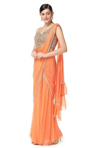 Tiered Lehenga Saree with Blouse Tiered Lehenga, Lehenga Sari, Orange Lehenga, Orange Saree, Net Blouses, Lehenga Saree, Embroidered Neckline, Blouse For Women, Blouse Online