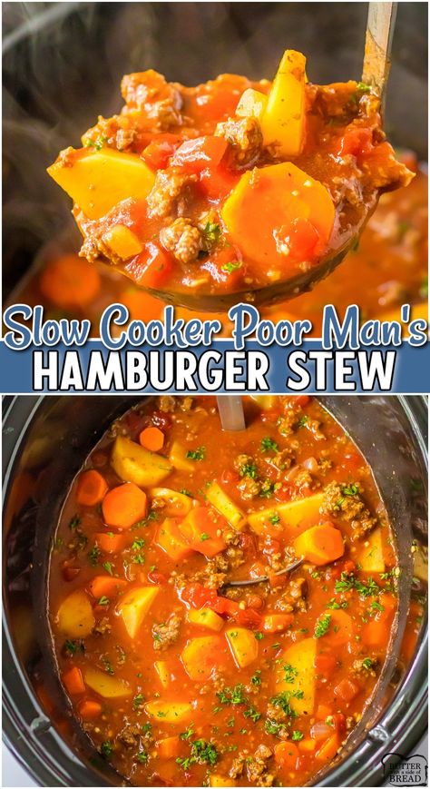 Hamburger Meat Recipes Crockpot, Slow Cooker Hamburger Recipes, Hamburger Crockpot Recipes, Hamburger In Crockpot, Poor Mans Stew, Comfort Soups, Stew Recipes Crockpot, Steak Bites Recipe, Hamburger Stew