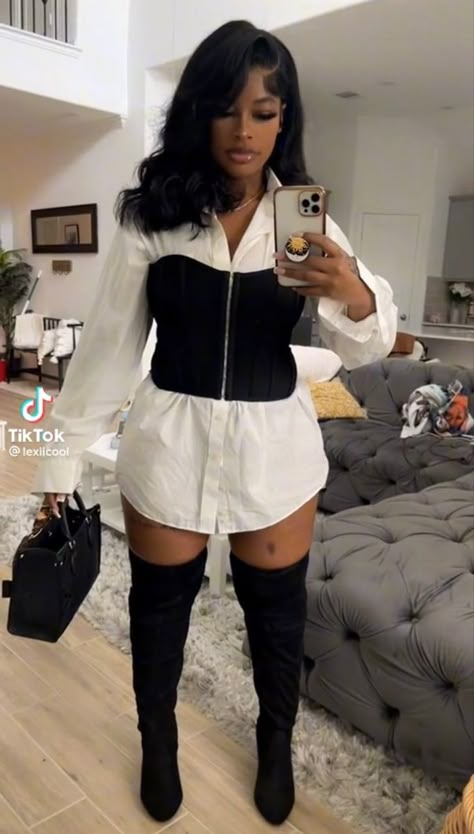 Brunch Party Outfit Black Women, August Birthday Outfit Ideas, Corset Button Up Shirt Outfit, Outfits With Clear Heels, White Button Down Shirt Outfit Black Women, Corset Outfit Black Women Birthday, Poetry Night Outfit Black Women, Step Show Outfit Hbcu, Corset And Skirt Outfit Black Women