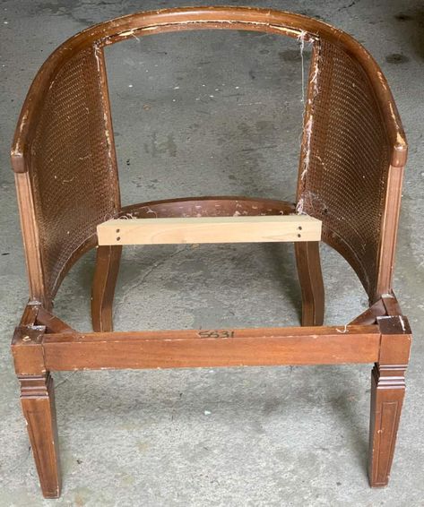 Reupholstering a Barrel Cane Chair- Part 1: - A Well Purposed Woman Cane Barrel Chair, Cane Chair Redo, Reupholster Chair Dining, Chair Redo, Bucket Chairs, Curved Chair, Chair Parts, Reupholster Chair, Reupholster Furniture