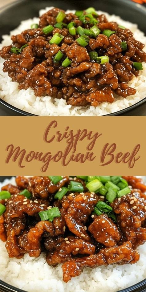 Get ready for a flavor-packed dinner with this Crispy Mongolian Beef recipe! 🍖 Tender beef slices are fried until crispy, then coated in a sticky, sweet, and savory sauce. Serve with steamed rice or noodles for a better-than-takeout meal at home. Perfect for special occasions or a weeknight treat! #MongolianBeef #AsianCooking #DinnerIdeas #CrispyBeef #HomemadeTakeout 🍛 Takeout Recipes At Home, Sticky Asian Beef, Beef Chinese Food Recipes, Crispy Mongolian Beef Recipe, Crispy Beef Stir Fry, Sticky Beef And Rice, Sticky Beef Noodles, Mongolian Noodles Recipe, Magnolia Beef Recipes