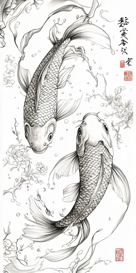 Detailed, realistic line drawing of two koi fish in a pond. Kio Fish Drawing, Koi Cake, Koi Sketch, Fish Line Drawing, Koi Drawing, Koi Fish In A Pond, Koi Fish Drawing Tattoo, Fish In A Pond, Two Koi Fish