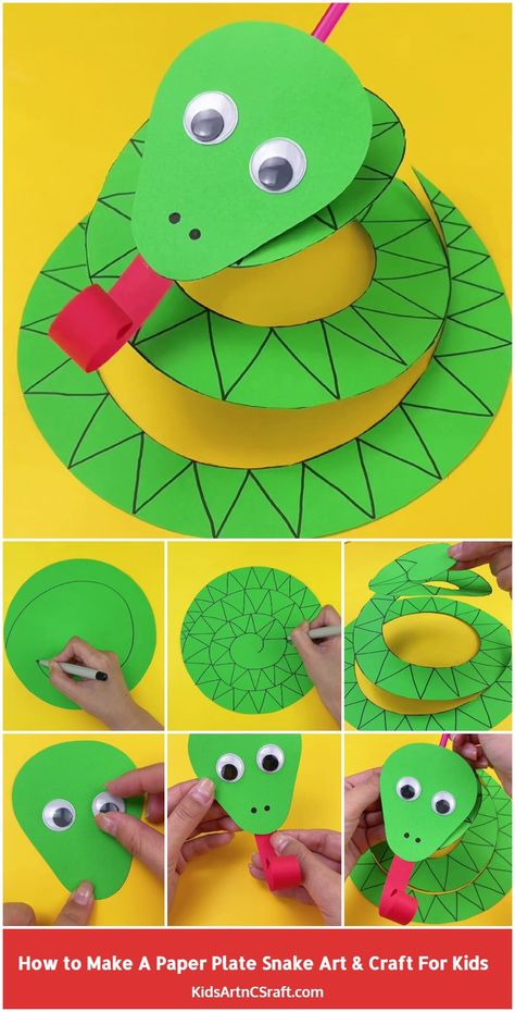 How to Make Paper Plate Snake – Art and Craft for Kids - Kids Art & Craft Rainforest Eyfs Activities, Chinese Snake Crafts For Kids, Rainforest Art Activities, Snake Paper Plate Craft, Jungle Theme Classroom Activities, Craft Using Paper Plates, Paper Plate Frogs, Paper Plate Snake Craft, Animal Kingdom Projects For Kids