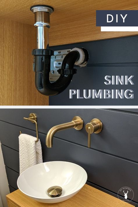 How to install a P Trap drain, wall faucet and vessel sink - DIY How-to tutorial Vessel Sink Diy, How To Plumb A Bathroom, Diy Vessel Sink, Bathroom Wall Faucets, Bathroom Sink Plumbing, Diy Bathroom Sink, Diy Montreal, Wall Mount Faucet Bathroom Sink, Sink Plumbing