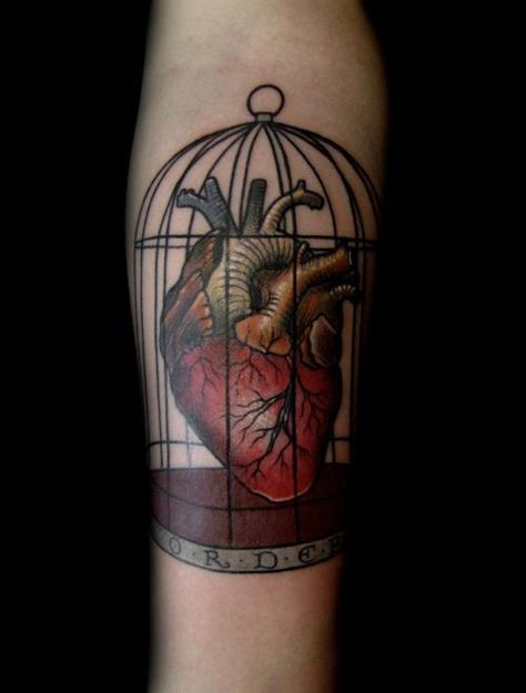 David Rudziński Luv Tattoo, Real Heart Tattoos, Heart In A Cage, Caged Heart, Birdcage Tattoo, Cage Tattoo, Le Tattoo, Cage Tattoos, Anatomical Heart Tattoo