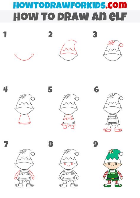 How to Draw an elf by step How To Draw An Elf Step By Step, How To Draw An Elf, Nail Steps, Elf Drawing, Aronia Berry, Calendar Doodles, Easy Pokemon, Draw Christmas, Elf Drawings