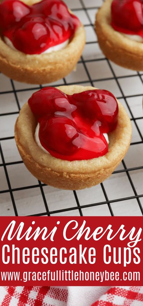 These Mini Cherry Cheesecakes are sure to leave an impression with their sugar cookie crust, homemade cheesecake filling and cherry pie topping. Valentine Pie Ideas, Cherry Cheesecake Surprise, Sugar Cookie Cherry Cheesecake, Small Cheesecake Minis, Homemade Cheesecake Filling, Cherry Cheesecake Pie, Cheesecake Minis, Mini Cherry Cheesecakes, Pie Topping