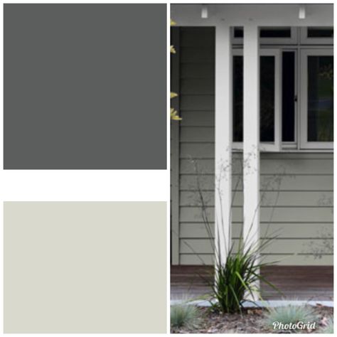 Dulux Pale Tendril Half weatherboards Dulux Natural White Trims Colorbond Basalt Roof Basalt Colorbond Roof, Basalt Roof Colour Scheme, Woodland Grey Exterior Colour Schemes, Colorbond House Colour Schemes, Weatherboard Exterior Color Schemes, Colorbond Basalt, Dulux Exterior Paint Colours, White Weatherboard House, House Exterior Colors Blue