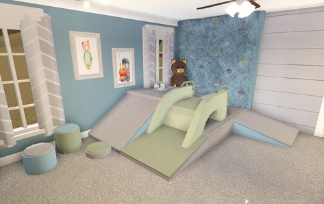 Kids room build idea, with soft foam blocks, a rock climbing wall, and a slide. Bloxburg Daycare Interior, Bloxburg Unique Room Ideas, Bloxburg Slide Ideas, Kid Bloxburg Room, Bloxburg Daycare Ideas Interior, Daycare Bloxburg Ideas, Bloxburg Daycare Exterior, Playroom Ideas Bloxburg, Kids Room Bloxburg Ideas