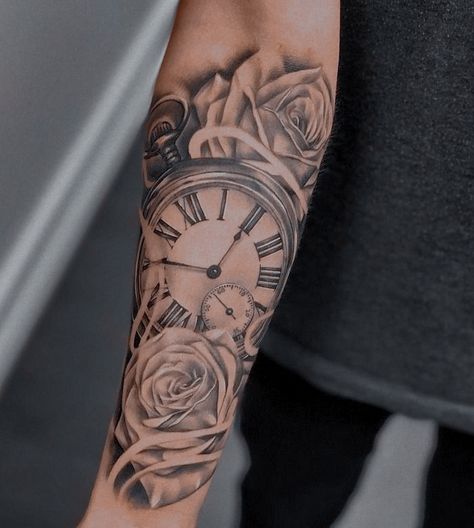 Arm Tattoos Black, Cool Half Sleeve Tattoos, Half Sleeve Tattoos Drawings, Tattoo Old School, Geometric Tattoo Arm, Geometric Tattoos, Watch Tattoos, Clock Tattoo, Japanese Sleeve Tattoos