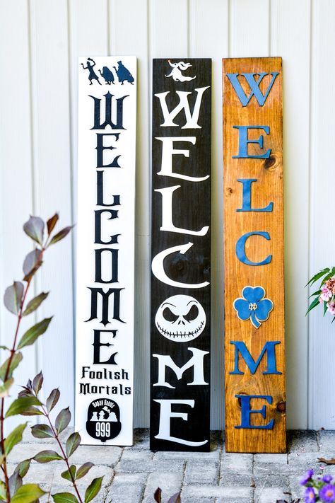 Porch Welcome Signs Door Sign Ideas, Halloween Jack Skellington, Halloween Porch Sign, Porch Welcome Sign, Welcome Signs, Americana Decor, Halloween Porch, Sign Ideas, Halloween Jack