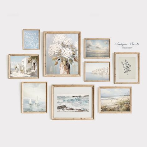 Muted Set of 9 Coastal Prints, Vintage Light Blue Aesthetic Gallery Wall Set, Beach Painting, Summer Decor, Seascape 9 Wall Art - PRINTABLE #1215 This beautiful vintage gallery wall set is an instant and printable digital download for your home decor. A perfect painting set from 1800's to hang as kitchen decor, living room print or bedroom wall art. The neutral tones are perfectly compatible with a stylish and modern interior and create a beautiful trend look for your home.  We offer a free resi Southern Wall Art Home Decor, Cute Beach Decor, Wall Decor Pictures Collage, Coastal Wall Prints, Light Blue Office Walls, Wall Decor Inspo Bedroom, Beach Aesthetic Decor, Neutral Wall Collage, Wall Frame Layout