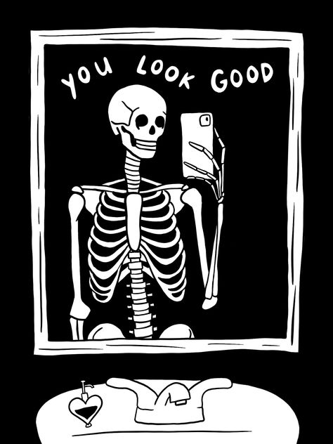 drawing, skeleton, mirror, selfie, line drawing, line art, minimalist, minimalistic, bathroom, decor, black, white, pink, blue, red, alternative, aesthetic, tumblr, pinterest, vsco, tiktok, indie, y2k, bedroom, art, artist, you look good, self love, self care, affirmations, cute, love yourself, happy, positive, funny, emo, goth, poster, wall art, posters, prints, print, aesthetic prints, idea, ideas, phone case, phone cases, iphone cases, sticker, stickers, redbubble, collage, wall collage Skeleton Mirror Selfie, Skeleton Mirror, Mirror Selfie Black, Positive Mental Health, Funny Skeleton, Stay Positive, Health Awareness, Mental Health Awareness, Skeleton