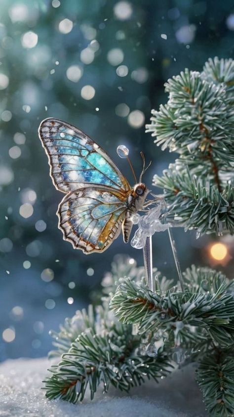 Catherine Merritt Snow Butterfly, Winter Butterfly, Twinkling String Lights, Winter Wonderland Backdrop, Wonderland Backdrop, Twinkle String Lights, Trees Nature, Iridescent Blue, Evergreen Trees