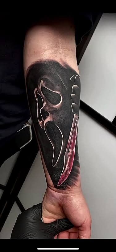 Men Horror Tattoo, Scream Forearm Tattoo, Horror Wrist Tattoo, Ghost Face Leg Tattoo, Ghost Face Forearm Tattoo, Ghostface Forearm Tattoo, Michael Myers Sleeve Tattoo, Ghostface Arm Tattoo, Scream Neck Tattoo