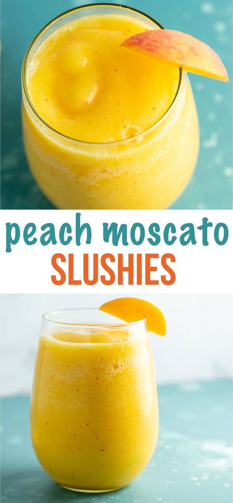 Moscato Drinks, Peach Moscato, Alcoholic Treats, Frozen Peaches, Alcohol Beverages, Slushie Recipe, Smoothie Ideas, Wine Slushie, Champagne Drinks