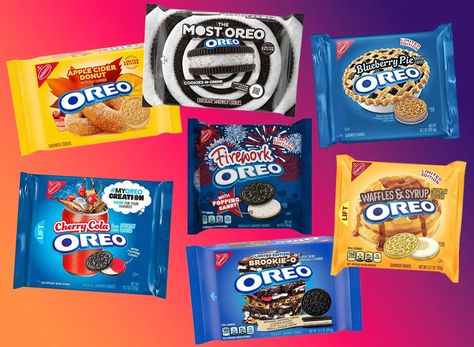 Oreo continuously launches new cookies, so we rounded up some of the brand's most attention-grabbing flavors. Weird Oreo Flavors, Oreo Cookie Flavors, Weird Snacks, Sweet Popcorn, Cinnamon Candy, Oreo Flavors, Cotton Candy Flavoring, Chocolate Peanut Butter Pie, Salted Caramel Brownies