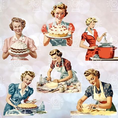 Retro Housewife Aesthetic, 50s Aesthetic Art, Vintage Housewife Aesthetic, 1950s Housewife Aesthetic, 1960s Housewife, Housewife Aesthetic, Retro Drawings, Vintage Homemaker, Baking Poster