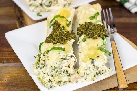 Pesto Chicken Manicotti | Pesto pasta stuffed with creamy alfredo sauce Chicken Manicotti, Pesto Pasta Dishes, Manicotti Pasta, Alfredo Stuffed Shells, Fresh Basil Pesto, Creamy Alfredo Sauce, Manicotti Recipe, Leftover Rotisserie Chicken, Alfredo Pasta