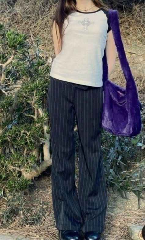 Pinstripe Pants Outfit Y2k, Pinstripe Pants Outfit Grunge, Purple Grunge Outfits, Pinstripe Pants Outfit, Hello 2024, Grey Pants Outfit, Outfit Grunge, Gothic Grunge, Pinstripe Pants