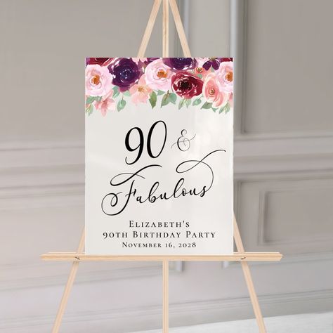 Elegant Floral 90th Birthday Party Welcome Acrylic Sign Welcome Acrylic Sign, 90th Birthday Party, Acrylic Welcome Sign, 90's Birthday Party, Red Blush, Watercolor Bouquet, 90th Birthday, Acrylic Sign, Party Items