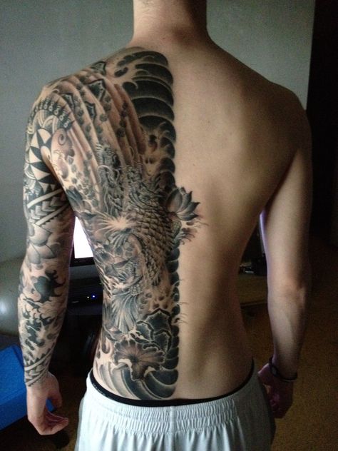 Sleeve And Back Tattoo, Mens Half Back Tattoo, Japanese Tattoo Chest Men, Japanese Half Back Tattoo, Large Back Tattoos Men, Back Tattoo Men Full, Big Back Tattoo For Men, Whole Back Tattoos Men, Back Tats Men