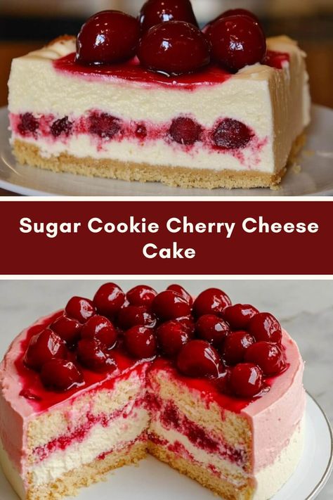 Sugar Cookie Cherry Cheese Cake Cherry Cheesecake Dessert, Beef Soup Slow Cooker, Pillsbury Sugar Cookie Dough, Dessert For 2, Slow Cooker Spaghetti Sauce, Pillsbury Sugar Cookies, Apple Pie Bread, Cherry Topping, Sugar Cookie Crust