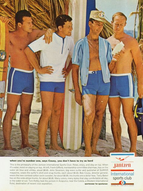 Jantzen 1965 1960 Mens Fashion, Vintage Beach Party, 70s Fashion Men, 60s Men, Beach Outfit Men, Swimming Outfits, 70s Men, 1950s Mens, Pool Boy