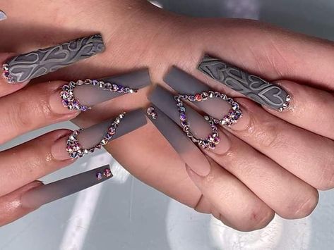 Grey Nails, Gray Nails, Bling Acrylic Nails, Nails Inspiration, Nail Ideas, Nail Inspo, Ear Cuff, Acrylic Nails, Nail Art