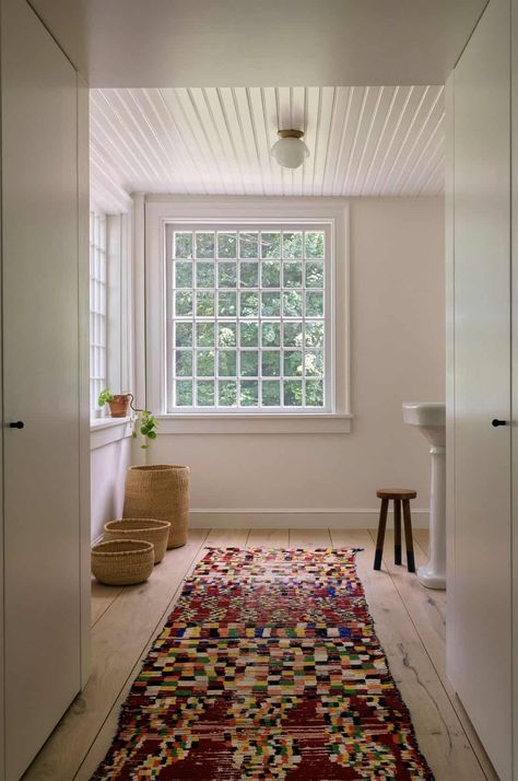 Cozy Window Nook, Benjamin Moore Cloud White, One Room Cabin, Elizabeth Roberts, Window Nook, Sleeping Porch, Shingle Style Homes, Pedestal Sinks, Floor Plan Layout