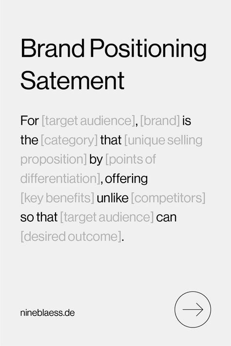 Image shows a template for a brand positioning statement: "For [target audience], [brand] is the [category] that [unique selling proposition] by [points of differentiation], offering [key benefits] unlike [competitors] so that [target audience] can [desired outcome]." Its linking back to my article "18 Brand Positioning Examples to Inspire Your Brand Strategy" #Marketing #Differenciation Positioning Statement, Brand Positioning Statement, Writing A Mission Statement, Branding Checklist, Business Strategy Management, Meal Kit Delivery Service, Brand Marketing Strategy, Brand Positioning, Business Branding Inspiration