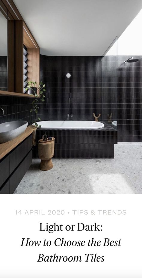 Depending on the overall theme, bathroom tiles could be achieved with dark tiles or light tiles – or both. We’ll take you through the pros and cons of each. Dark Shower Room Ideas, Dark Tiled Bathroom, Dark Tile Bathroom, Dark Tile Floors, Light Vs Dark, Theme Bathroom, Dark Tile, Dark Bathrooms, Shower Lighting