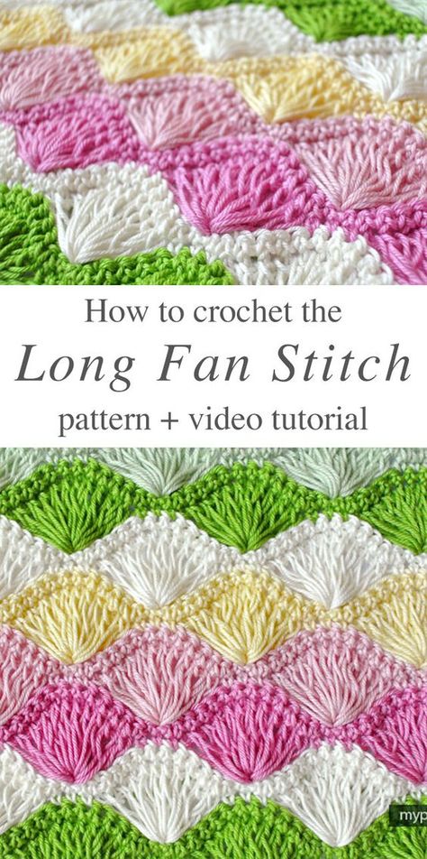 Long Fan Stitch Crochet Free Pattern Video Tutorial Fan Stitch Crochet, Crochet Smock Stitch, Crochet Fan, Crochet Blanket Stitch Pattern, Crochet Shell Stitch, Confection Au Crochet, Crochet Stitches For Blankets, Beginners Crochet, Crochet Stitches Video