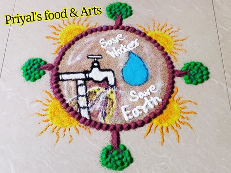 Save Earth Rangoli, Save Water Rangoli, Theme Rangoli Designs, Water Rangoli Designs, Save Water Save Earth, Water Rangoli, Theme Rangoli, Rangoli Designs For Competition, Baby Chef