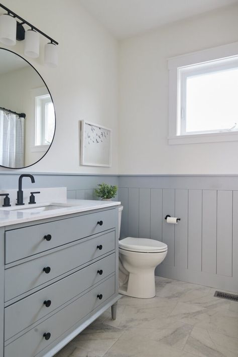 4 CASE STUDIES: Modernize Your Outdated 1990s Bathroom - Kylie M Interiors Sw Network Gray, Network Gray Sherwin Williams, Network Gray, Gray Sherwin Williams, Navy Blue Paint Colors, Kylie M Interiors, Off White Paint Colors, Warm Neutral Paint Colors, Blue Gray Paint Colors