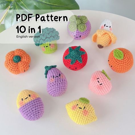 THIS CROCHET PATTERN IS A PDF FILE THAT WILL BE AVAILABLE FOR IMMEDIATE DOWNLOAD DIRECTLY FROM ETSY ONCE PAYMENT IS CONFIRMED   THIS LISTING IS NOT FOR THE FINISHED DOLL  ✿ 10 in 1 (Eggplant, Broccoli, Purple Sweet Potato, Tomato, Pumpkin, Lemon, Orange, Banana, Mangosteen and Peach.) ✿ Skill Level: intermediate  ✿ Measurements (Height): Size shown in product picture. ✿ Make the pattern larger or smaller by changing the type of yarn and hook. ✿ Written in English crochet terms. ✿ 1 PDF file. 20 pages. (Print Friendly 5 pages) Abbreviation Key sc - single crochet st/sts - stitch(es) ch - chain inc - increase (2 single crochet in the next stitch) dec - decrease hdc - half double crochet dc - double crochet dc2tog - double crochet two together blo - back loop only flo - front loop only sl st 100 Crochet Stitches, Pattern Fruit, Confection Au Crochet, Crochet Food, Crochet Patterns Free Blanket, Cute Fruit, Crochet Keychain, Diy Crochet Projects, Types Of Yarn