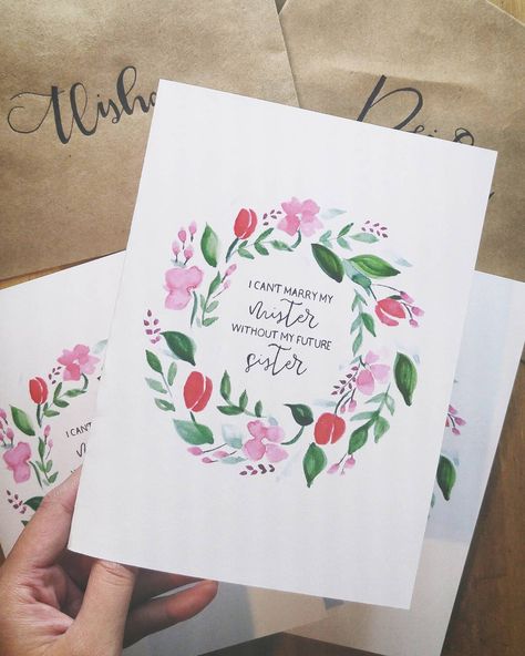 I handmade bridesmaid proposal cards for my future sister in laws. So happy with how they came out. #bridesmaid #proposal #handmade #cards #envelopes #floral #sister Maid Of Honor Proposal Sister In Law, Bridesmaid Proposal For Sister In Law, Future Sister In Law Bridesmaid Proposal, Bridal Shower Attire, Bridal Shower Checklist, Pregnant Bridesmaid, Bridesmaid Stuff, Sister Bridesmaid, Groomsman Proposal