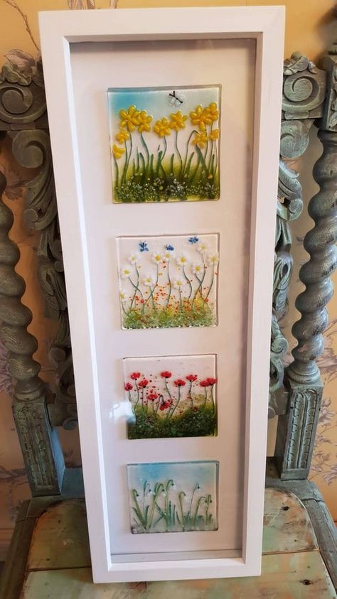 The Seasons of Flowers Boxed Framed Fused Glass Art. - Etsy UK Fused Glass With Stringers, Fused Glass For Beginners, Spring Fused Glass Ideas, Glass Painting Frames, How To Fuse Glass At Home, Fused Glass Ideas For Beginners, Fused Glass Art Ideas, Glass Frit Painting, Wall Hanging Flowers