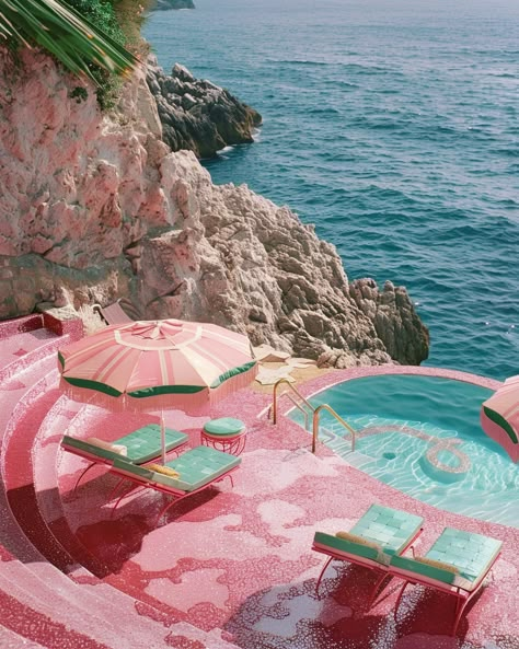 Let’s spend the week here ☀️ #resortvibes #hotelarchitecture #fancyhotel #pinkcore #glitter #thisisnotreal #luxuryresort #luxurylifestyle #luxuryhomes #aidesign #pinkandblue #oceanview #oceanviewhome #aiconcept Rich Pool Aesthetic, Vintage Motel Room, Pink Yacht, Pool Wallpaper, Bali Pool, Beach Resort Outfits, Retro Pool, Pretty Summer Outfits, Island Vacation Outfits