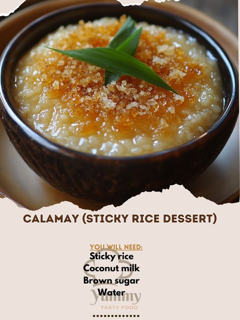 🍮 Savor Calamay—sweet, sticky rice dessert with a rich, coconut flavor. Perfectly satisfying and utterly delicious! 🌟🍯 #Calamay #StickyRiceDessert Calamay (Sticky Rice Dessert) Ingredients: Sticky rice (2 cups, soaked overnight) Coconut milk (1 can) Brown sugar (1 cup) Water (2 cups) Salt (1/4 tsp) Instructions: Cook sticky rice in water until tender. In a pan, combine coconut milk, sugar, and salt; heat until sugar dissolves. Mix in cooked rice and cook until thickened. Let cool and set ... Sticky Rice Dessert, Sweet Sticky Rice, Rice Desserts, Cooked Rice, Cooks Illustrated, Dessert Ingredients, Sticky Rice, 2 Cups, Coconut Milk