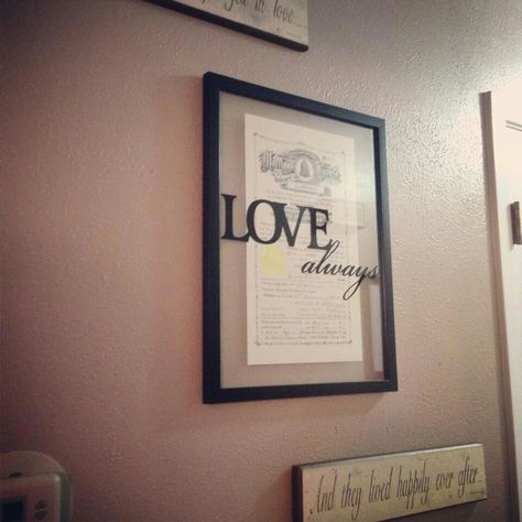 Getting our marriage license in less than a month!!! We're getting married on valentines day this year but having the wedding ceremony in September on our 2 year anniversary from when we officially got together ^_^ but I love this display idea for our marriage license!! Marriage Certificate Display, Ideas Master Bedrooms, Marriage Records, Wedding Certificate, Marriage Certificate, Marriage License, Perfect Bedroom, Marrying My Best Friend, After Life