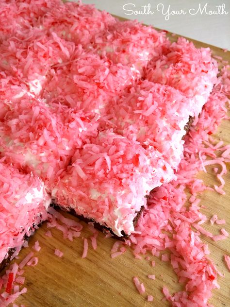 Sno Ball Brownies | South Your Mouth | Bloglovin’ Snowball Brownies Recipe, South Your Mouth Recipes Desserts, Hostess Snowballs Recipe, Sno Ball Brownies, Snoball Brownies, Snowball Brownies, Sno Ball Recipe, Pink Brownies, Hostess Snowballs