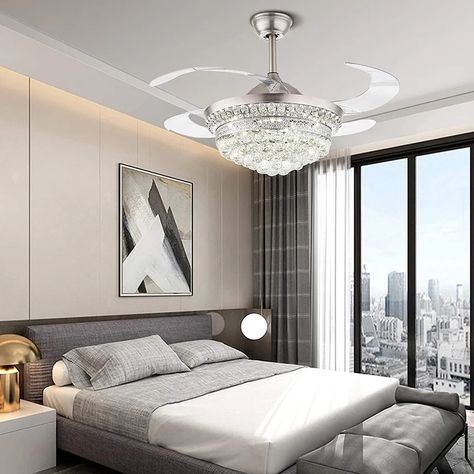 Rosdorf Park Akeriah Retractable Blades Ceiling Fan with Remote Control | Wayfair Chandelier Fans, Chrome Ceiling Fan, Fan Chandelier, Ceiling Fan Bedroom, Chandelier Led, Best Ceiling Fans, Chandelier Fan, Modern Crystal Chandelier, Ceiling Fan Light