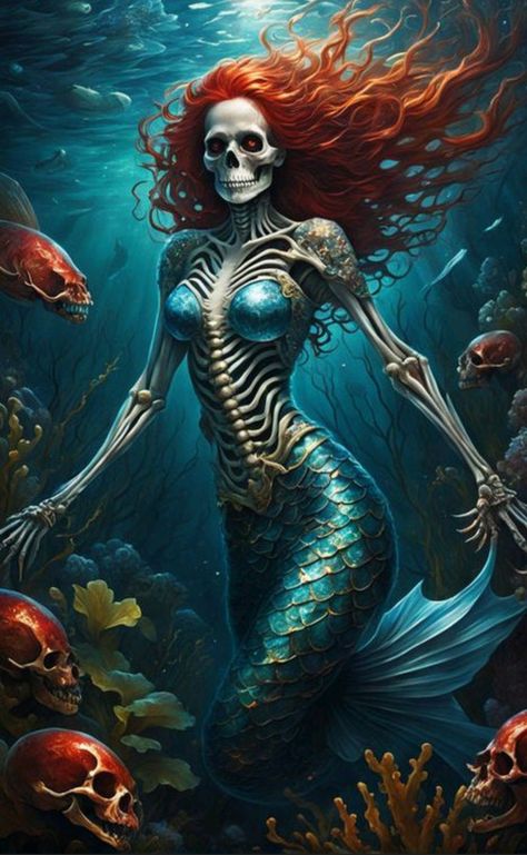 Mermaid Zombie, Evil Mermaids, Mermaid Skeleton, Skeleton Tattoos, Dark Disney, Mermaid Tattoos, Mermaids And Mermen, Painting Of Girl, Bee Art