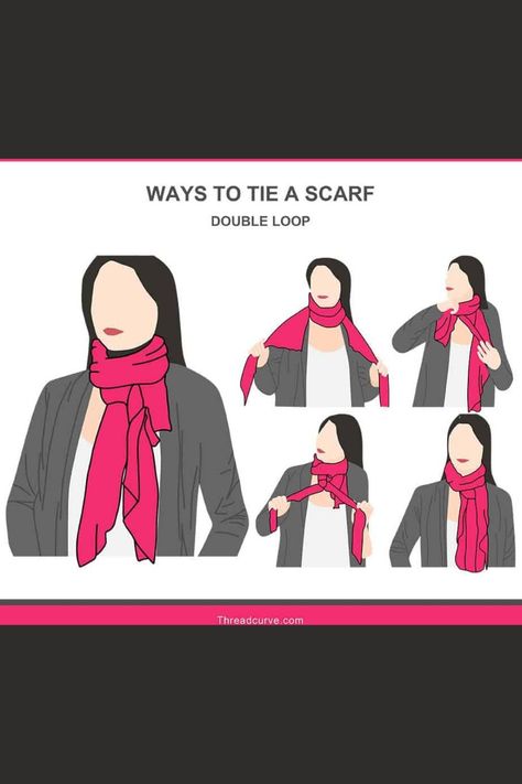 Learn how to do a double loop and 19 different ways to tie a scarf. How to tie a scarf in double loop? Extended length-wise, wrap the scarf around your neck two times. Leave long equal tails to the scarf on either side of your wrap. slide the scarf, so one side of the scarf tail is longer than the other. Take the long end of the scarf and knot it around the shorter side of the scarf. Check out the other ways of tying a scarf in this step-by-step illustration collection. Tying A Scarf, Scarf Drawing, Ways To Tie A Scarf, Scarf Wearing Styles, Ways To Tie Scarves, Wearing A Scarf, Tie A Scarf, Thick Scarf, Scarf Knots