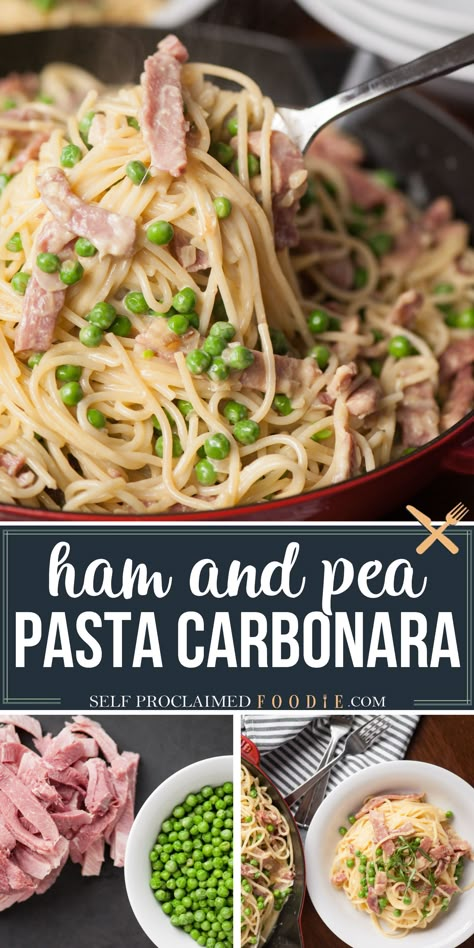 Ham Peas And Pasta, Ham Pasta Recipes, Ham And Peas, Dinner Ham, Pea Pasta, Ham Pasta, Pasta Carbonara Recipe, Pasta With Peas, Carbonara Sauce