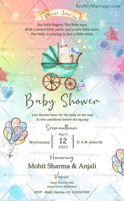 Sparkling Baby Shower Invitation Card Colourful Star Heart Balloons – SeeMyMarriage Baby Shower Invitation Cards, Leaf Cards, Food Recipes Vegetarian, Change Background, Heart Balloons, Indian Food Recipes Vegetarian, E Card, Pastel Hues, Blue Baby