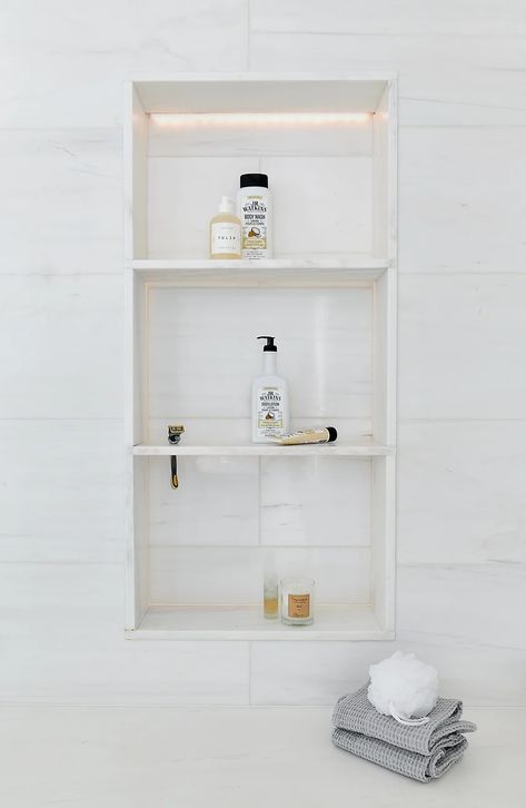 Sweet Home Haven | Tara Fingold 3 Shelf Shower Niche, Tall Shower Niche With Shelves, Stacked Shower Niche, Shower Niche Measurements, Large Shower Niche Ideas, Marble Shower Niche, Gray Subway Tiles, White Marble Tile Floor, Upstate House