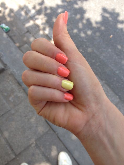 Summer colors,coral and yellow Coral Yellow Nails, Yellow And Coral Nails, Coral And Yellow Nails, No Chip Manicure, Yellow And Coral, Coral Nails, Polish Colors, Small Budget, Baby Yellow